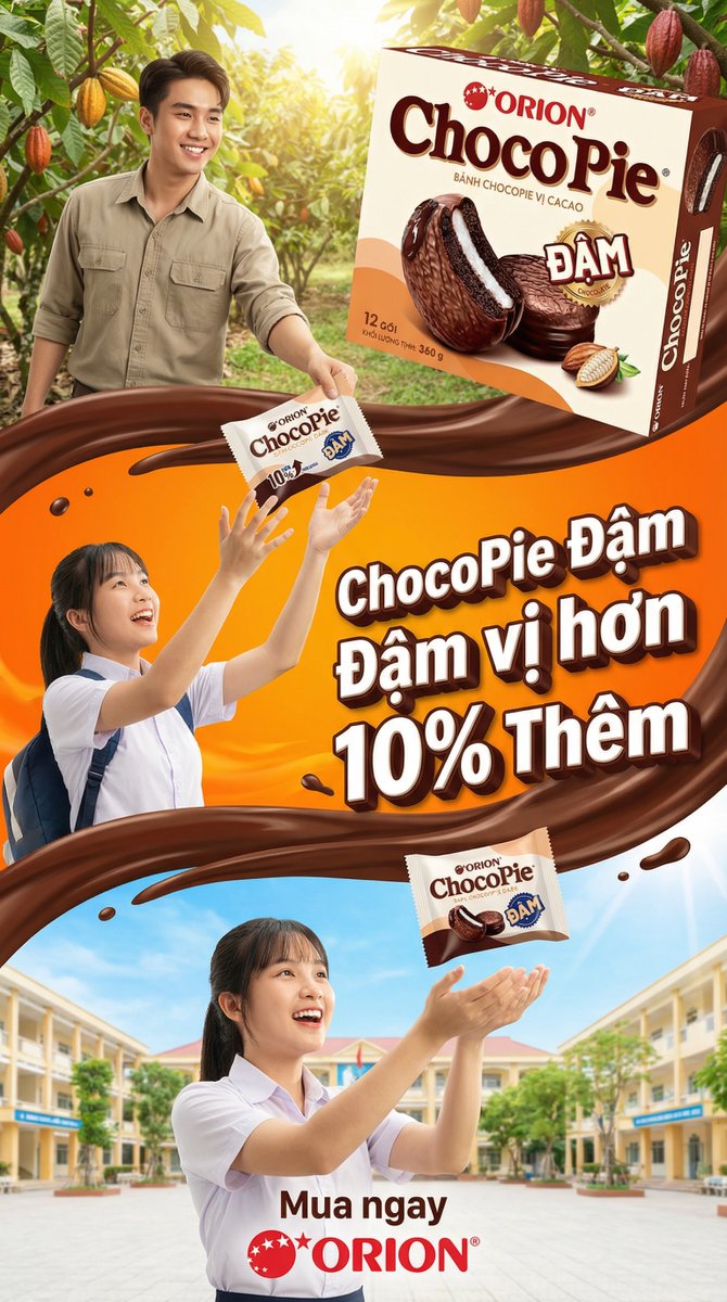 YaoHuynh's tweet image. Day 09/∞ — Daily AI Banner | Commercial Challenge 🍫
#OrionChocoPie
From product → emotional storytelling key visual.
Bold chocolate flow, layered narrative, designed for FMCG ads &amp;amp; social campaigns.
Drop a brand or product for Day 10 👇
#AIDesign #KeyVisual #FMCGAds
