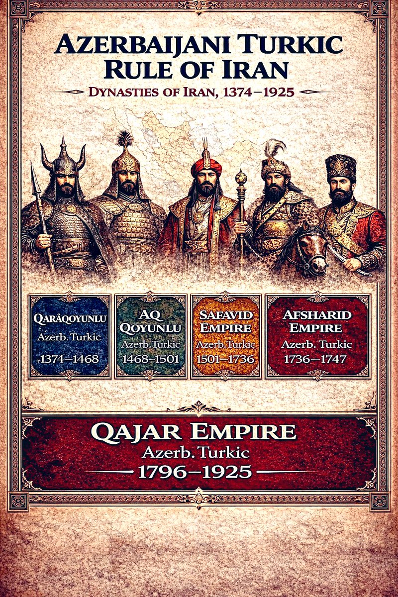 AzerbaijaniOrg's tweet photo. Those who promote a “Great Persia” narrative and claim Azerbaijan as inherently Persian should know this historical fact: from 1374 to 1925, Iran was ruled predominantly by Azerbaijani Turks! https://t.co/ntoy6b35Jg