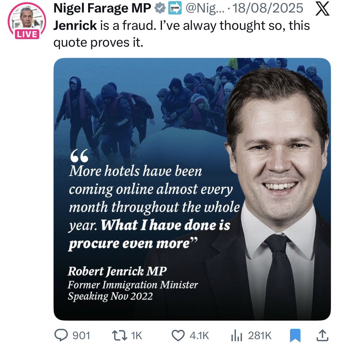 Number10cat's tweet photo. @KemiBadenoch Who could have guessed that Honest Bob couldn't be trusted? Obviously can't be Reform he's off to as Farage has made his opinion on him clear... https://t.co/RTXe1PvafK