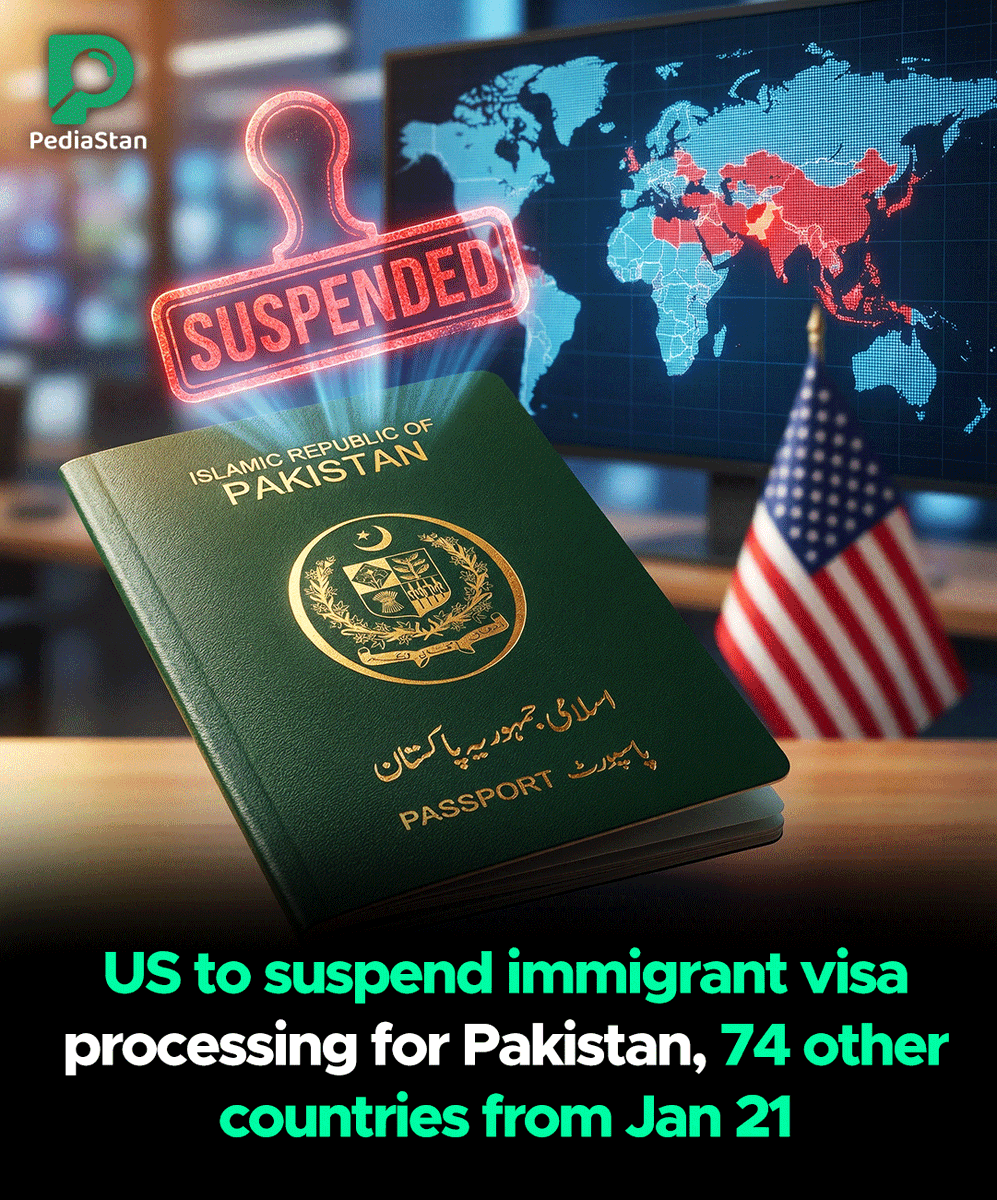 Pediastan's tweet image. United States announced it will suspend immigrant visa processing for Pakistan and 74 other countries starting January 21. The move affects applicants seeking permanent residency.
#USVisaUpdate #ImmigrationAlert #PakistanTravel #VisaProcessing #InternationalNews #Pediastan
