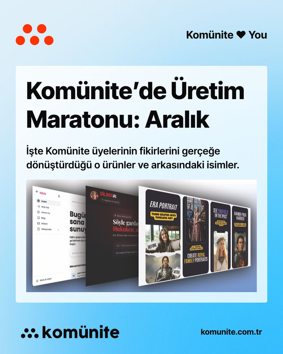 Komünite'de Üretim Maratonu: Aralık 🚀

2025'in son ayında sadece yeni yılı beklemedik, fikirlerimizi gerçeğe dönüştürdük!

Yapay zekâ asistanlarından retro oyunlara, tasarım şablonlarından özel web sitelerine kadar üyelerimizin geliştirdiği 13 yeni ürün bu flood'da. 👇