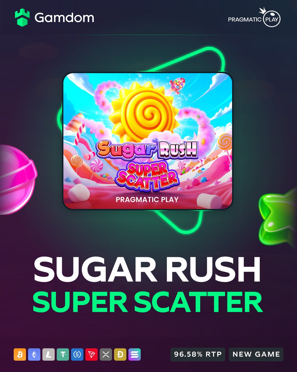 gamdom's tweet image. 🍬 Feeling the sugar rush? 🍬

Spin Sugar Rush Super Scatter and chase wins up to 50,000x your bet 🍡✨

💚 + 🔄 + 🆔 – *KYC Lvl 2 verified Gamdom users only