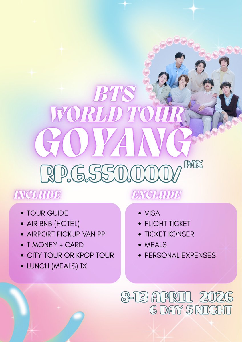 hazel_draw's tweet photo. ARMY ngumpul dulu sini 💜
Siap nonton BTS  sambil liburan ke Korea?✨ 

🗓 8–13 April 2026
⏰ 6 Hari 5 Malam
💰 Rp 6.550.000 / pax

📩 DM sekarang sebelum full! #BTSWorldTour #btstickets #btsconcerts #btsworldtour2026 #BTSComeback2026 #BTS https://t.co/EE30lx2lpB