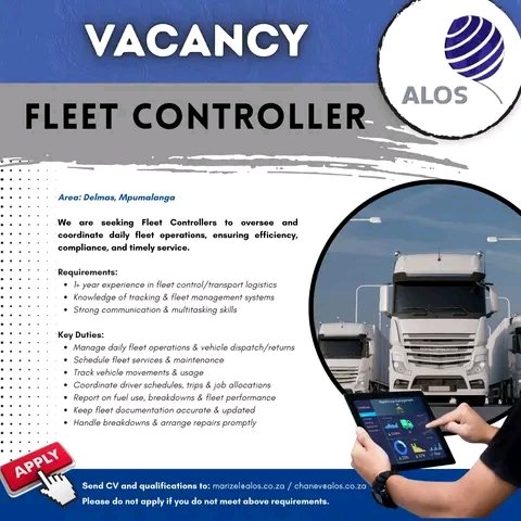 NthabelengDlam3's tweet photo. 🚩FLEET CONTROLLERS WANTED!🚩
🚀 Ready for your next career move?
𝗣𝗼𝘀𝗶𝘁𝗶𝗼𝗻: Fleet Controller
𝗔𝗿𝗲𝗮: Delmas, Mpumalanga
𝗔𝗽𝗽𝗹𝘆: marizel@alos.co.za / chanev@alos.co.za
#vacancy #fleetcontroller #logistics #ApplyNow #CareerGrowth https://t.co/PLCRWBqrzk