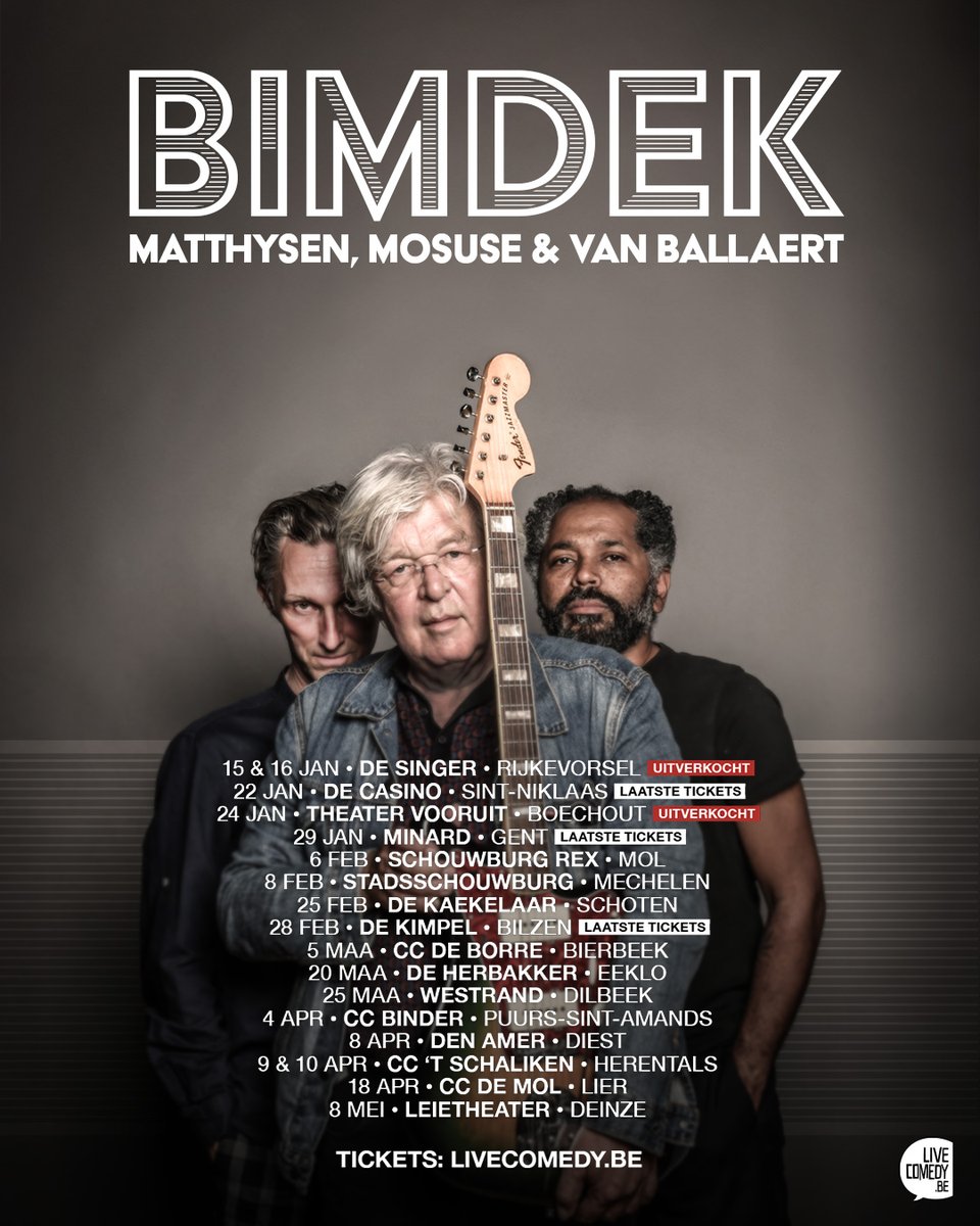 LiveComedybe's tweet image. Hugo Matthysen, Ronny Mosuse en Aram Van Ballaert geven vanavond het startschot van de herneming van BIMDEK in een uitverkochte De Singer in Rijkevorsel. Daarmee gaan ze op pad, met mooie liedjes en onvoorspelbare verhalen.
Tickets via LiveComedy.be/bimdek #hugomatthysen