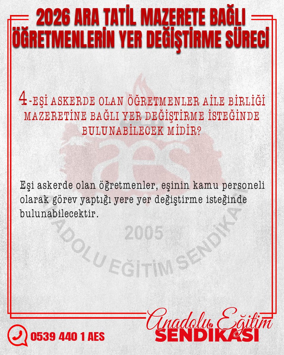 20 SORU 20 CEVAP 2026 ARA TATİL MAZERETE BAĞLI ÖĞRETMENLERİN YER DEĞİŞTİRME SÜRECİ
aes.org.tr/haber/-soru-ce…
