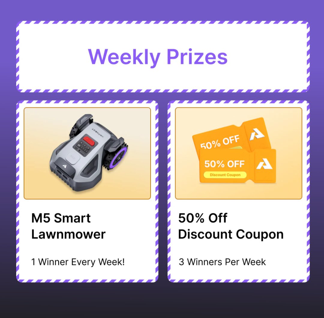 One drawing already happened, but there are two more chances to win a free robotic lawnmower from <a href="/anthbot_tech/">ANTHBOT</a>, and 6 more 50% off chances remain. 
rwrd.io/ref_TTVQJP8?c