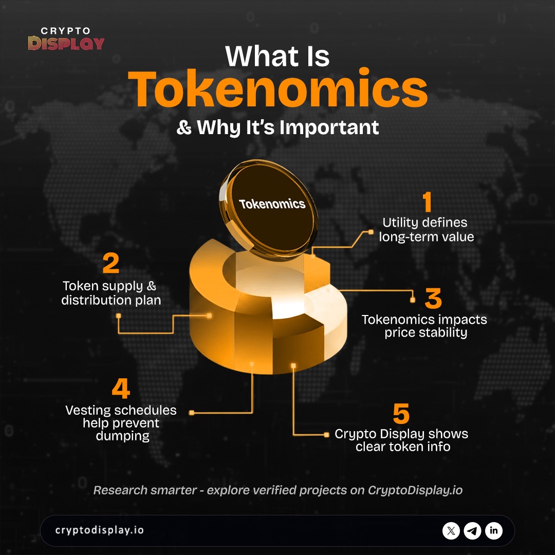 TOKENOMICS INSIGHTS A strong #Tokenomics model ensures long-term value &  market stability 🔹Supply & Distribution 🔹Vesting Schedules 🔹Utility &  Long-Term Value 🔹Price Stability 🔹Verified Info on #CryptoDisplay  👉Explore projects https://t.co ...