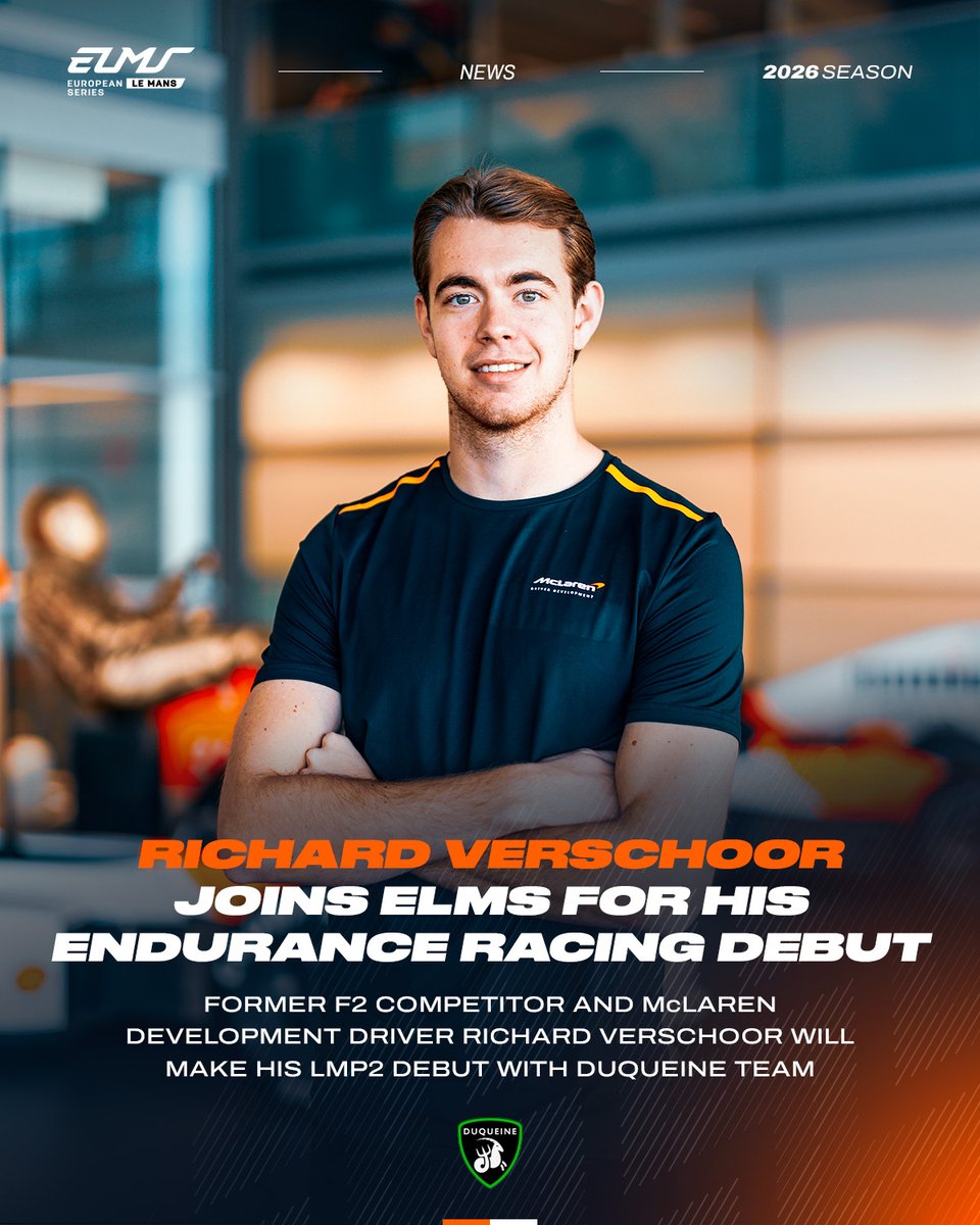 EuropeanLMS's tweet photo. A new challenger joins the #ELMS grid. @R_Verschoor1 is set to begin his endurance racing career in 2026!  

The former Formula 2 competitor and @McLaren Development driver takes a step forward, joining Duqueine Team in the European Le Mans Series, competing in the LMP2 Pro/Am No.30 Oreca.  

Could he be the endurance racing talent to watch in 2026?