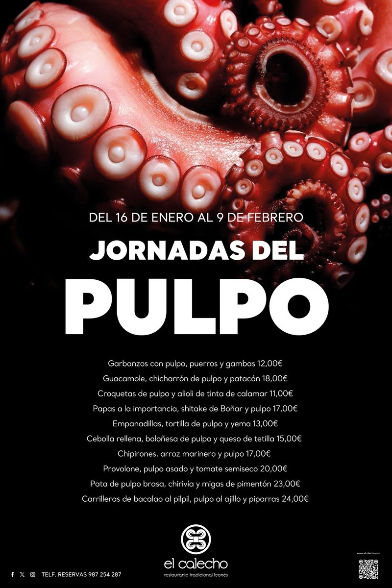 💬 JORNADAS DEL PULPO
📆 Del 16 de enero hasta el 9 de febrero, disfruta de nuestras jornadas en barra, mesa alta o comedor.
Estamos en : 
📍 plaza San Martín n ° 9
Reservas al ☎️ : 987 254 287.
.
.
#elcalecholeon #leonesp #barriohumedo #cocinatradicional