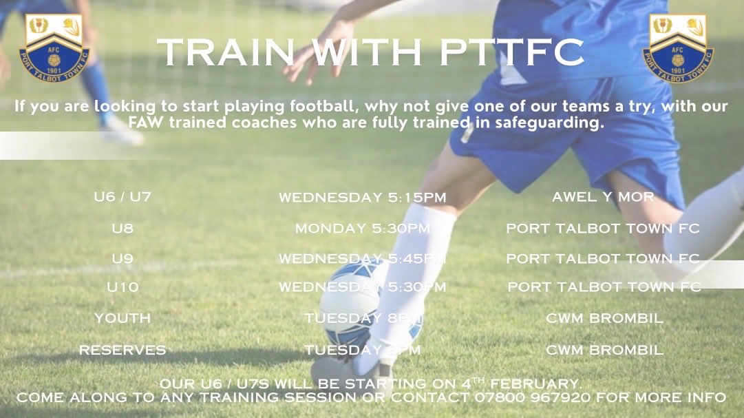 PortTalbotTown's tweet image. 🏆⚽️New Players Welcome⚽️🏆

Whether you are a seasoned player or just starting out, we’d love you to join one of our teams 💙

✅ All skill levels welcome
✅ Great atmosphere &amp;amp; supportive members 
✅ Regular training sessions &amp;amp; matches

Come along to any session and join in 👌