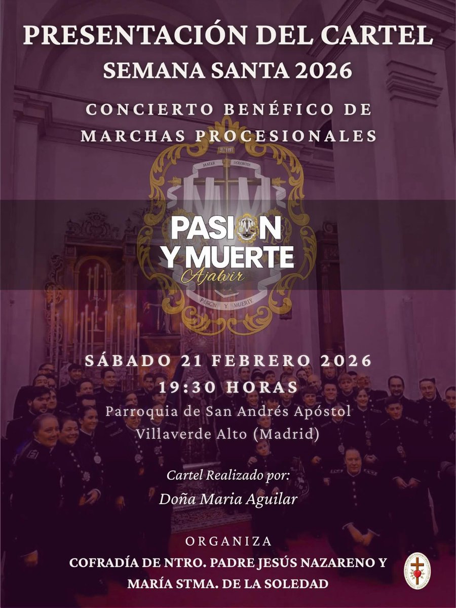 ✨ PRESENTACIÓN DEL CARTEL · SEMANA SANTA 2026 ✨

La música volverá a ser oración.
La imagen, anuncio.
Y la Hermandad, punto de encuentro.

#NazarenoSoledadVillaverde
#NazarenoSoledadMadrid
#siemprepasionymuerte