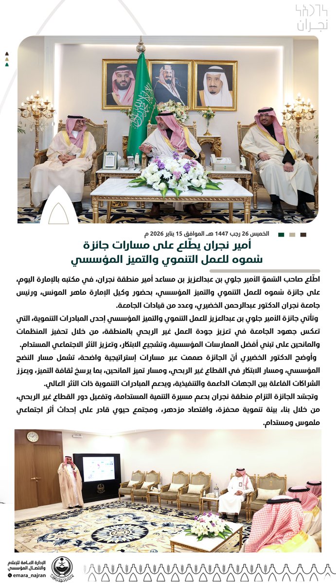 emara_najran's tweet photo. #خبر ||

#أمير_نجران يطّلع على مسارات جائزة سُموه للعمل التنموي والتميز المؤسسي. https://t.co/GdXTgEbI6a