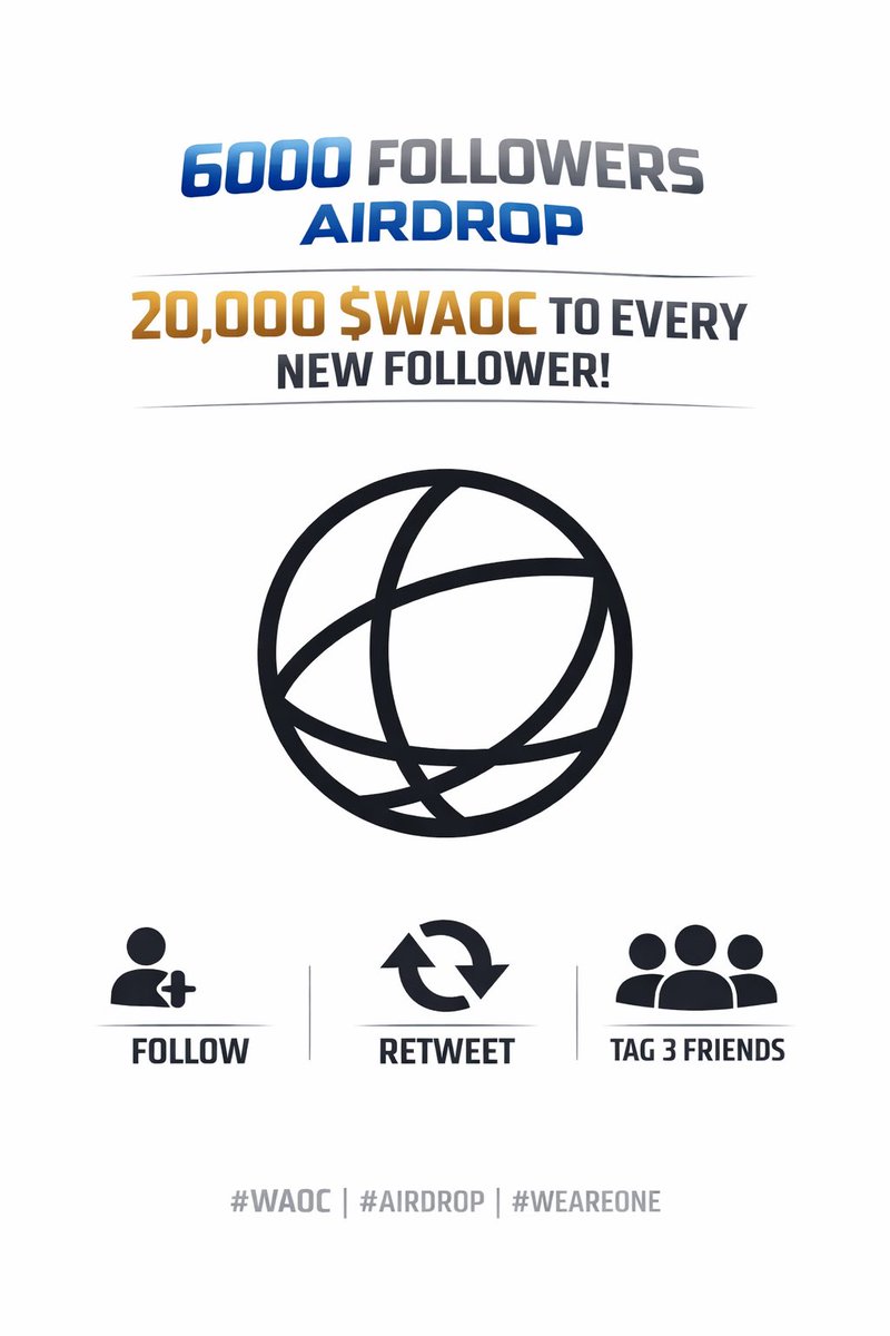 WAOConnectOne's tweet image. 🚀 6000 FOLLOWERS SPRINT AIRDROP 🚀
🎯 We are close to 6,000 followers — let’s make it BIG.

To celebrate, we’re giving away 20,000 $WAOC to EVERY eligible new follower 👀🔥

⸻

🪂 HOW TO JOIN (VERY EASY)

1️⃣ Follow @waoconnectone
2️⃣ RT this post
3️⃣ Tag 3 friends in the comments…