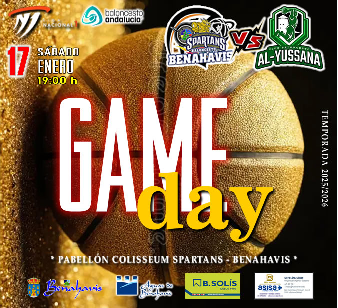 * G A M E D A Y *

🚨⛹🏀 NACIONAL N1 MASC. TEMP. 25/26 J14ª
📅 Sábado 17 de enero 2026
⏰ 19:00h
🏟️ Pabellón Deportes Benahavís
** Colisseum Spartans **

🏀 CB BENAHAVIS COSTA DEL SOL
vs CB AL-YUSSANA LUCENA (CÓRDOBA)

#GoSpartans !! 🏀💪👌 
#foreverfamily   🤗