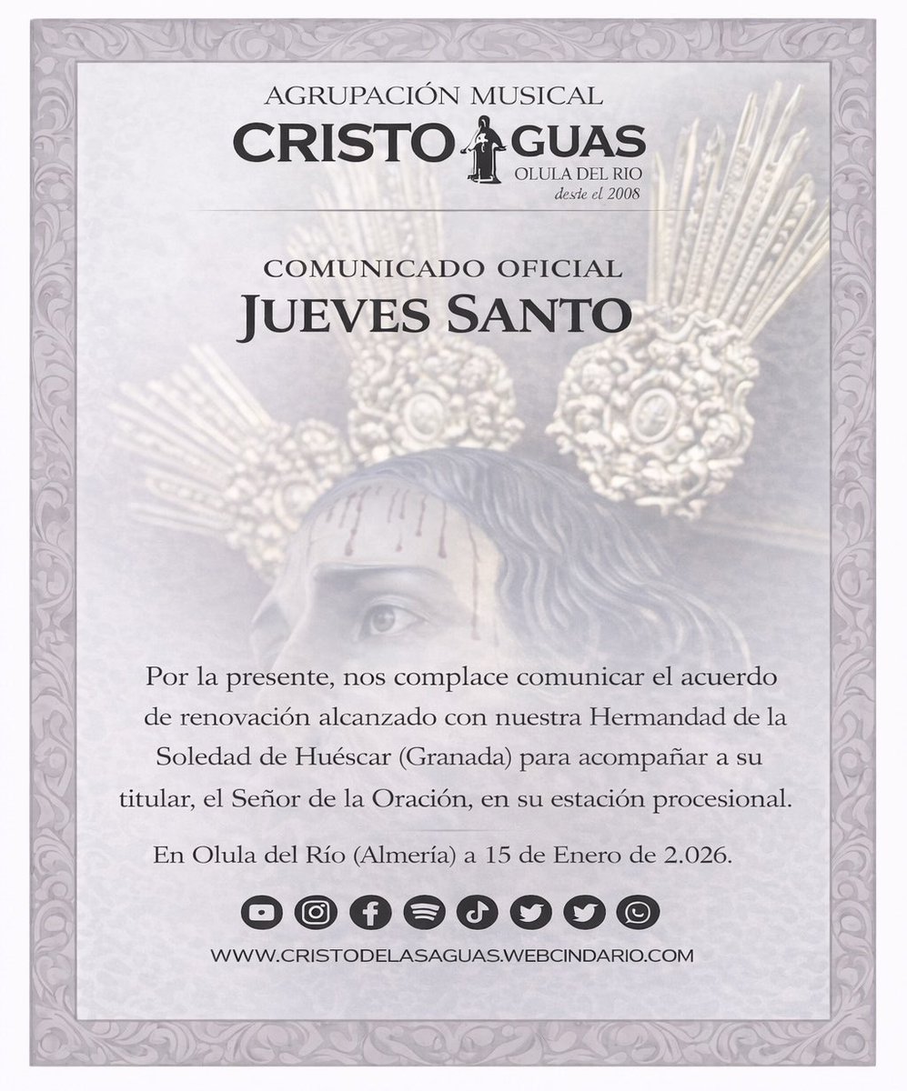 #Comunicado | 𝐉𝐔𝐄𝐕𝐄𝐒 𝐒𝐀𝐍𝐓𝐎

¡Por la presente, nos complace comunicar el acuerdo de renovación con <a href="/SoledadHuescar/">Hdad Soledad Huescar</a> para el próximo Jueves Santo!

“𝐄𝐥 𝐪𝐮𝐞 𝐭𝐨𝐝𝐨 𝐥𝐨 𝐏𝐮𝐞𝐝𝐞” sonará para él, para Jose Pedro, y para Huéscar, su pueblo.

#LegionBlanca