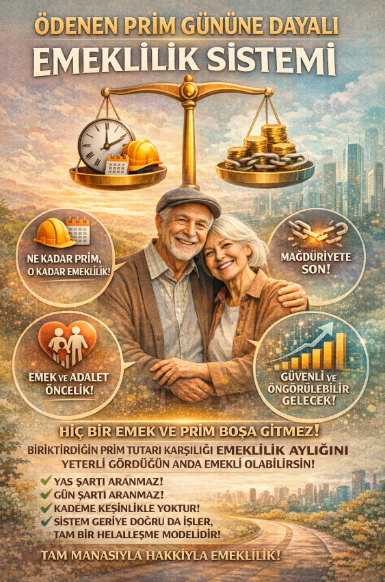 Ödenen Prim Gününe Dayalı Emeklilik Sistemi

Emeklilik, bir insanın çalışma hayatı içinde verdiği emeğin karşılığını almasıdır. Ancak mevcut sistemlerde bu karşılık çoğu zaman;
başlangıç tarihine, yaş şartına, kademelere ya da statü farklarına ya da kurum koruma zihniyetlerine