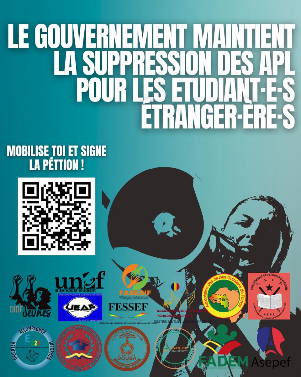 Le nouveau budget du gouvernement est sorti et la suppression des APL pour les étudiant•e•s étranger•e•s figurent toujours dans les projets de Macron et Lecornu. 
Amplifions la mobilisation contre cette mesure xénophobe !