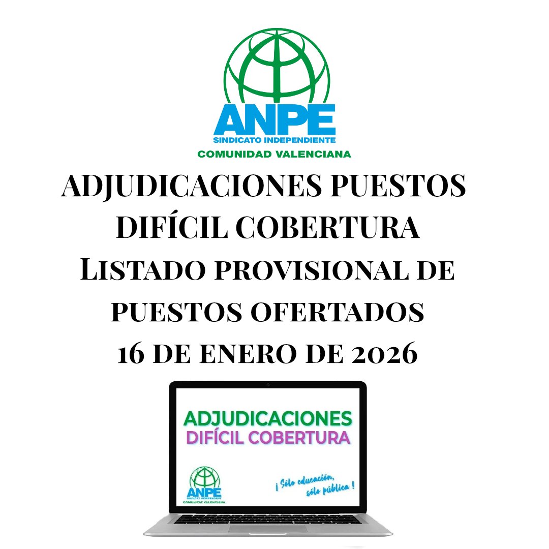 🗓 Se abrirá el plazo hoy 15 desde las 13:00 hasta las 02:00 (a. m) horas del 16 de enero de 26.
Listado:
ceice.gva.es/documents/1629…
Petición: gva.es/es/inicio/aten…  
Toda la información ceice.gva.es/es/web/rrhh-ed…
_ANPE #DocentesComoTú #SindicatoIndependiente #SóloDeEnseñanzaPública_