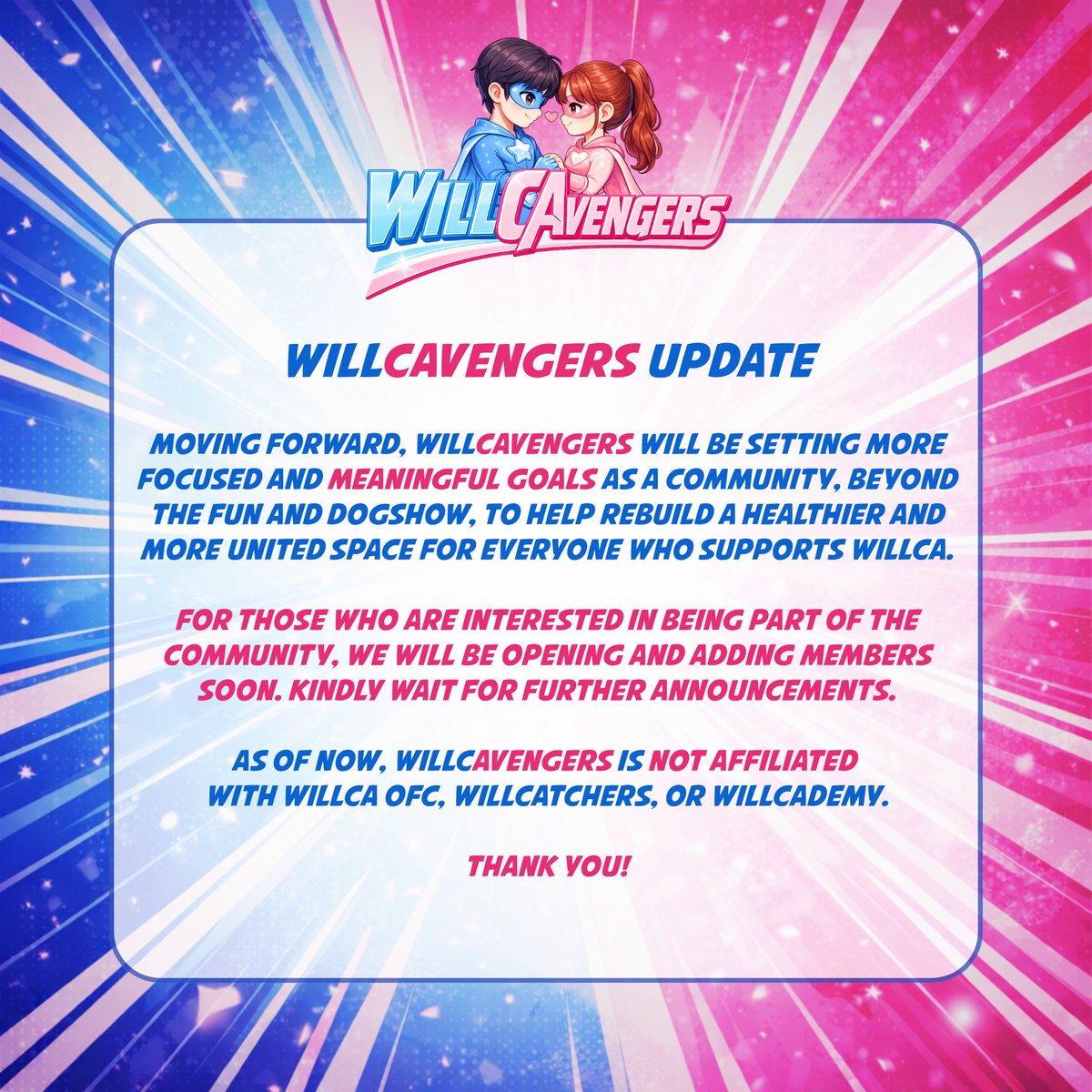 willcavengers's tweet photo. WILLCAvengers, moving forward ✨

We want to help rebuild &amp; strengthen ang space natin para maging mas maayos, mas united, at mas effective ang suporta sa WILLCA.

Bukod sa dogshow at delulu with purpose, magkakaroon na rin tayo ng mas seryosong goals bilang community. 🩵🩷 https://t.co/lW0G5z6yaY
