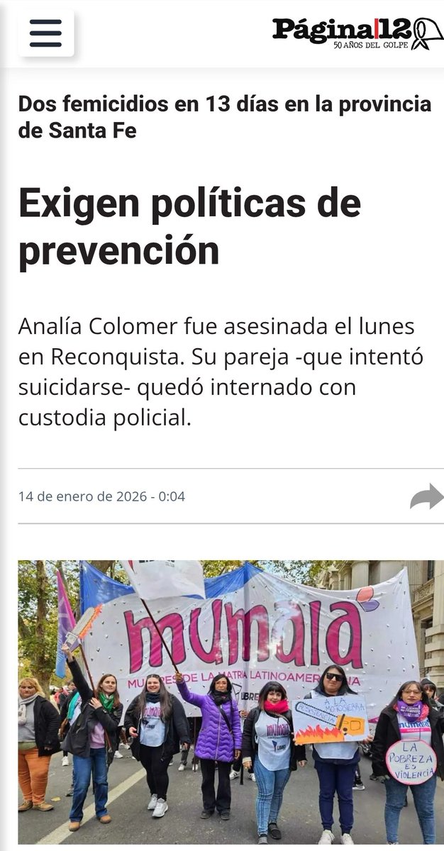 pagina12.com.ar/2026/01/14/exi…
Desde el observatorio de violencia de género de Mumalá lamentaron “dos femicidios en 13 días”, en la provincia de Santa Fe, según los primeros datos relevados en este 2026. Al mismo tiempo,cuestionaron que “aún no hay autoridad nombrada en la Secretaría "