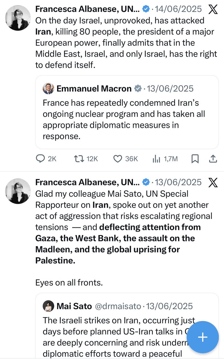 HenMazzig's tweet image. UN rapporteur Francesca Albanese replied to a Twitter user that she doesn’t speak about the thousands of Iranians massacred by Khamenei’s regime because she rigorously dedicates herself to her mandate on Palestine.

Funny how she was much more vocal about Iran last June, when…