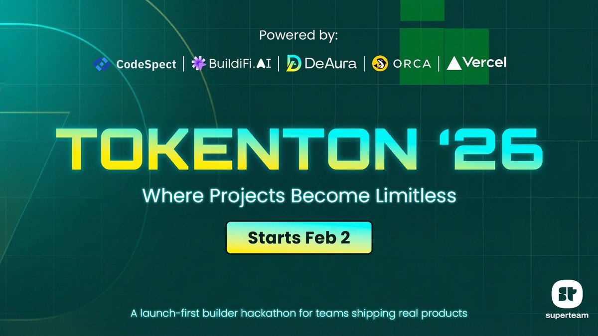 BuildiFi_AI's tweet image. Great projects aren’t built in isolation.
They’re built when infrastructure aligns.

Introducing TokenTon ’26
A launch-first builder hackathon where
@Orca_so, @Vercel, @Superteam, @DeAuraio, &amp;amp; @BuildiFi_AI come together to help teams ship real utility products.

Build with…