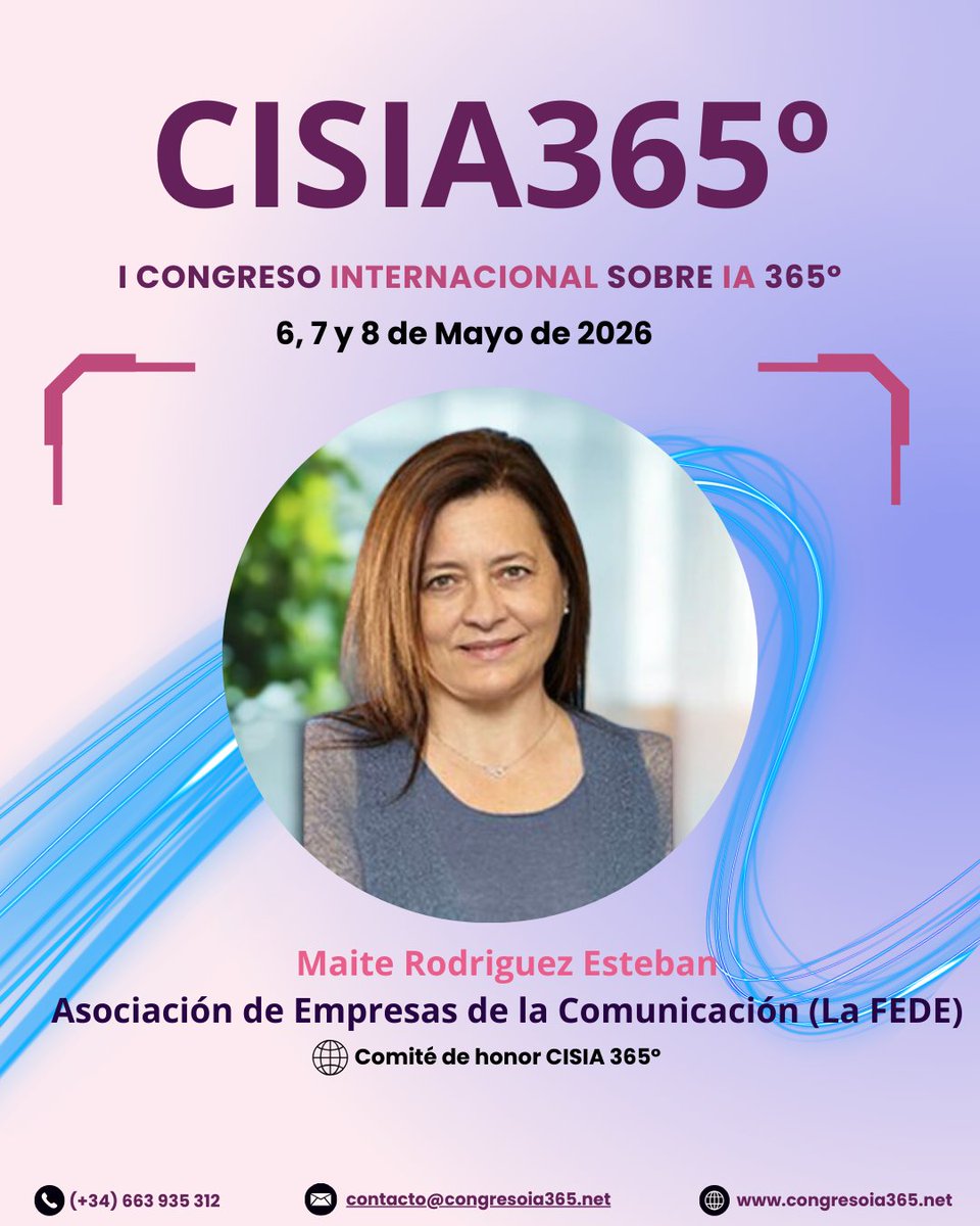 🌐 Comité de Honor | CISIA365°

👏Maite Rodríguez Esteban, representante de la Asociación de Empresas de la Comunicación (La FEDE), formará parte del Comité de Honor del I CISIA365º.

🏫Su conocimiento del ecosistema de la comunicación y su visión estratégica respaldan el rigor.
