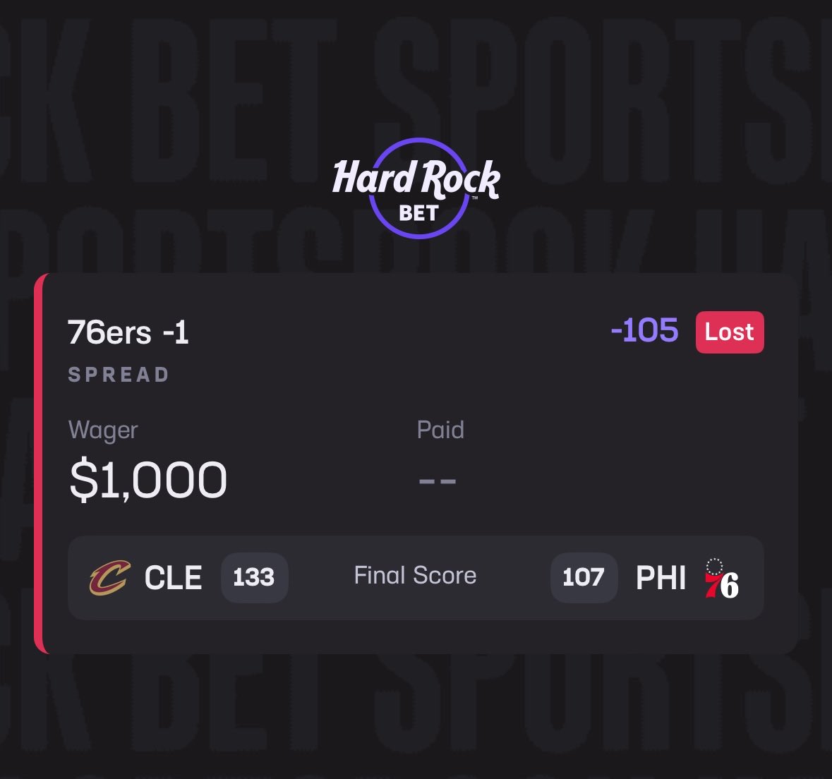 DFSBets23's tweet photo. Philadelphia 76ers -1 🗑️❌

Can’t win a bet right now, ice cold 🥶 https://t.co/OVBPn4JhSd