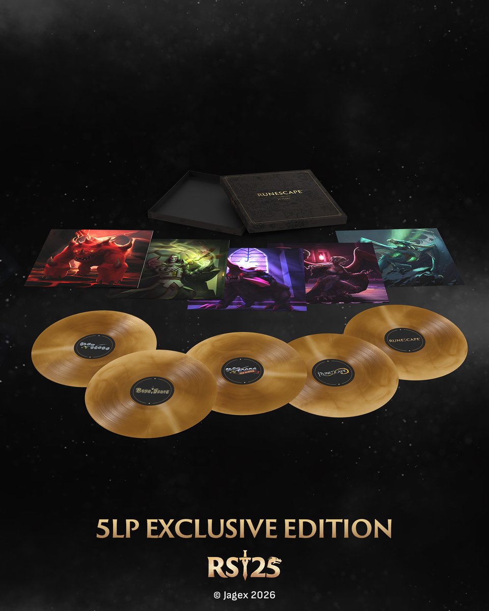 Laced_audio's tweet image. Gielinor, United by Music 🎵

RuneScape: 25 Years is a new 5LP box set tracing the game’s musical roots from iconic MIDI tracks to the rich productions of later years. 

The Laced-exclusive edition features:
• Gold galaxy effect discs
• 50 tracks across multiple eras
• Artwork…