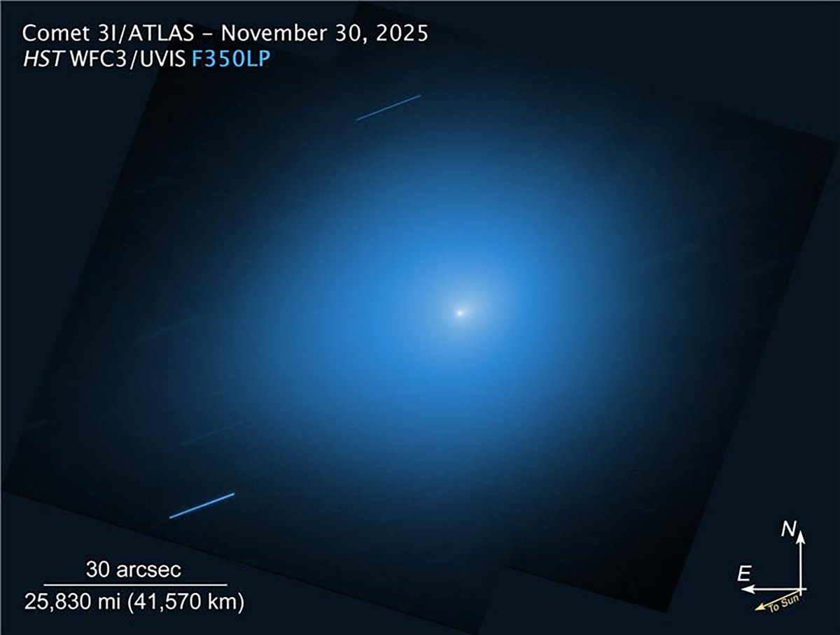 Imagen del cometa 3I/ATLAS tomada por el Telescopio Espacial Hubble el 30 de noviembre de 2025. Es una imagen en falso color: una foto original en blanco y negro a la que se le ha añadido un tono azul para resaltar sus detalles más débiles. (HST)

📷 Revista N.º 319
Astrobiología