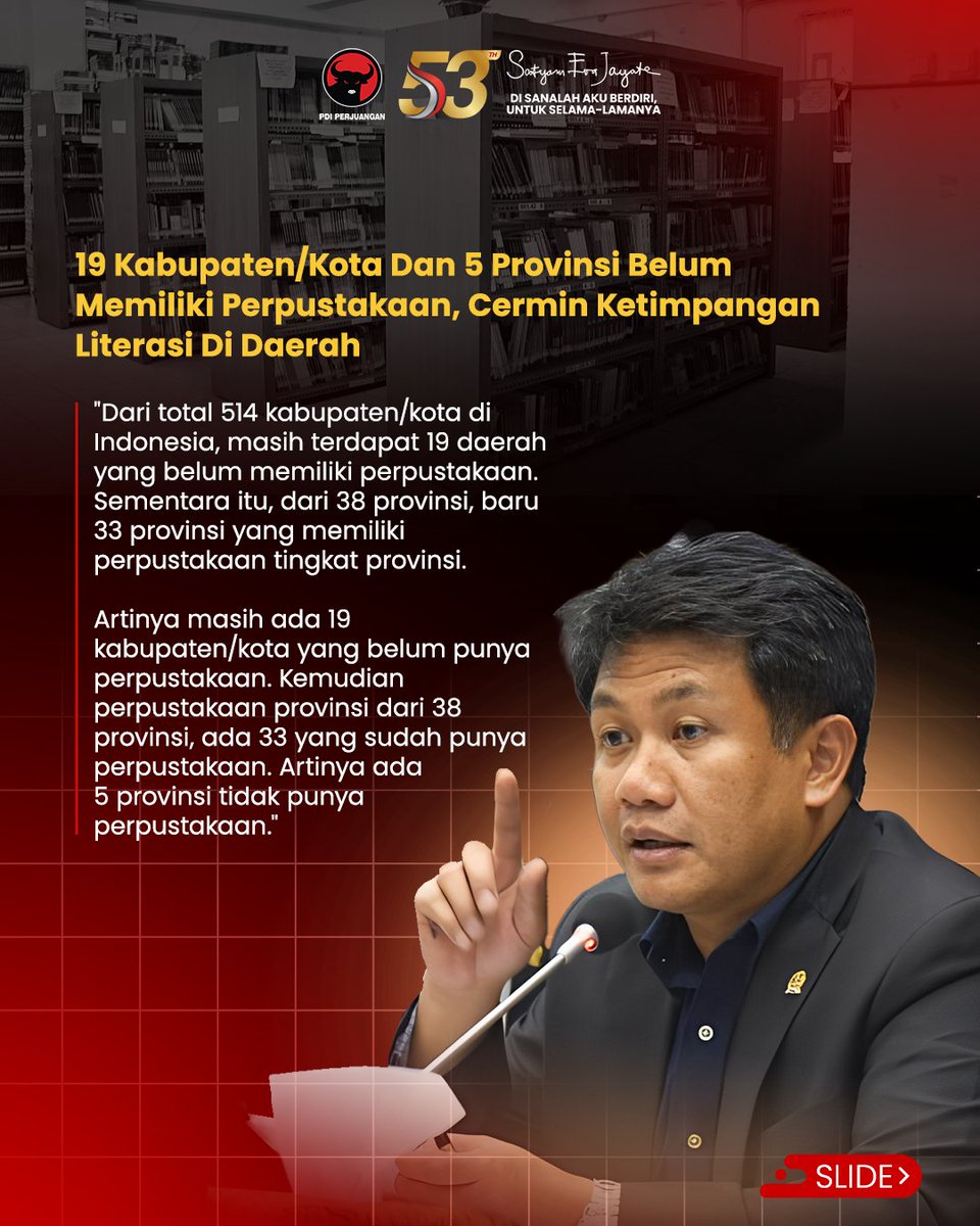 PDI_Perjuangan's tweet image. Anggota Komisi X DPR RI Fraksi PDI Perjuangan, Bonnie Triyana mengungkapkan masih ada sejumlah wilayah di Indonesia yang sampai saat ini belum memiliki perpustakaan daerah. Ia menegaskan, keberadaan perpustakaan seharusnya tetap tersedia sebagai fasilitas dasar pendidikan di…