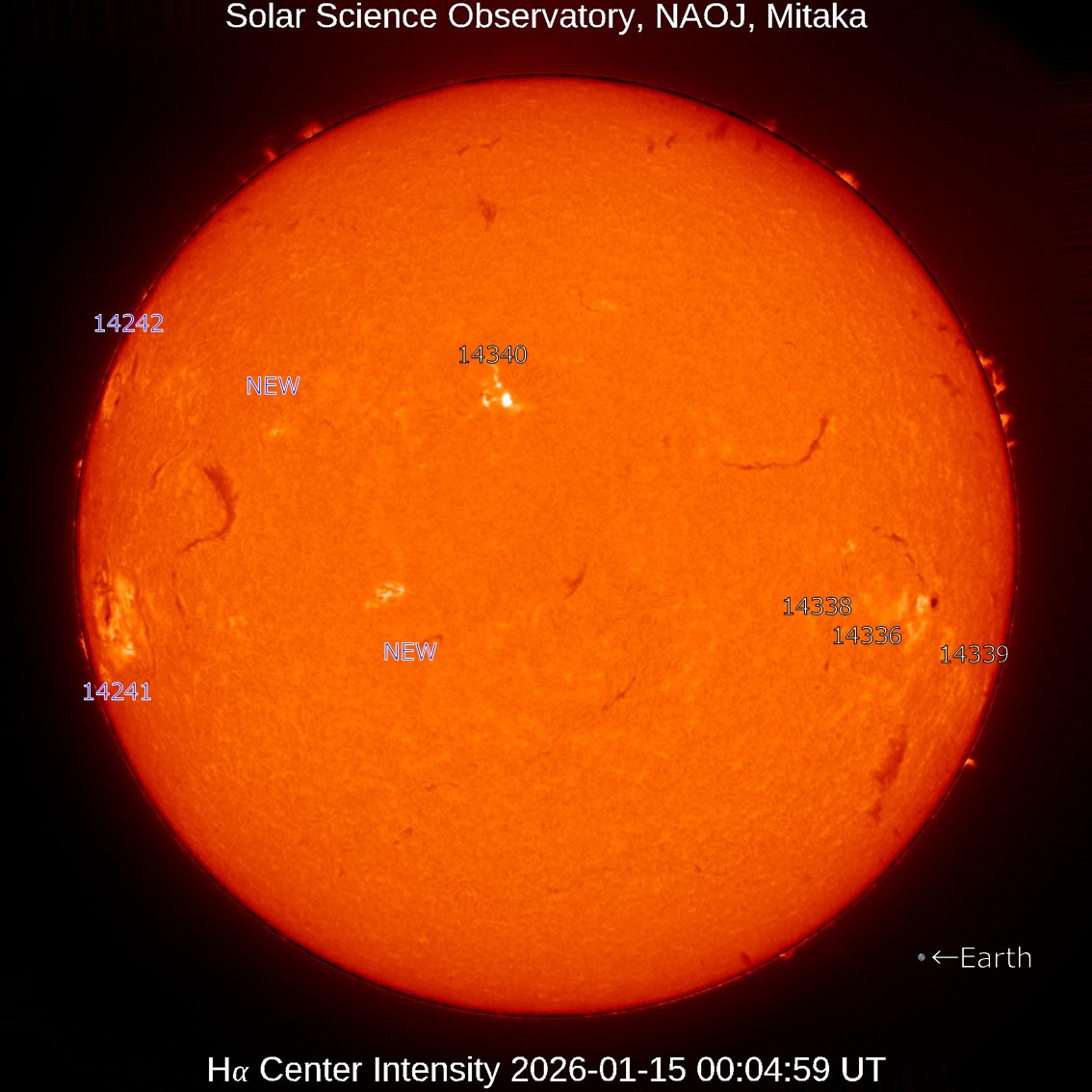 本日の太陽】2026-1-16のHα線全面像 活動領域14241,14242が新たに出現