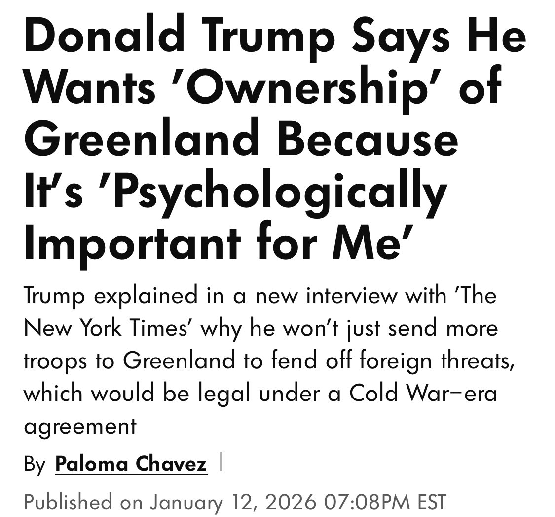 Falls noch jemand Zweifel hatte, warum Trump Grönland will – hier ist seine Antwort an die New York Times:

"It's psychologically important for me."

Nicht für Amerika. Für ihn.

Geopolitik als Therapieersatz.

Trump geht es ausschließlich um narzisstische Dominanz. Und ich habe