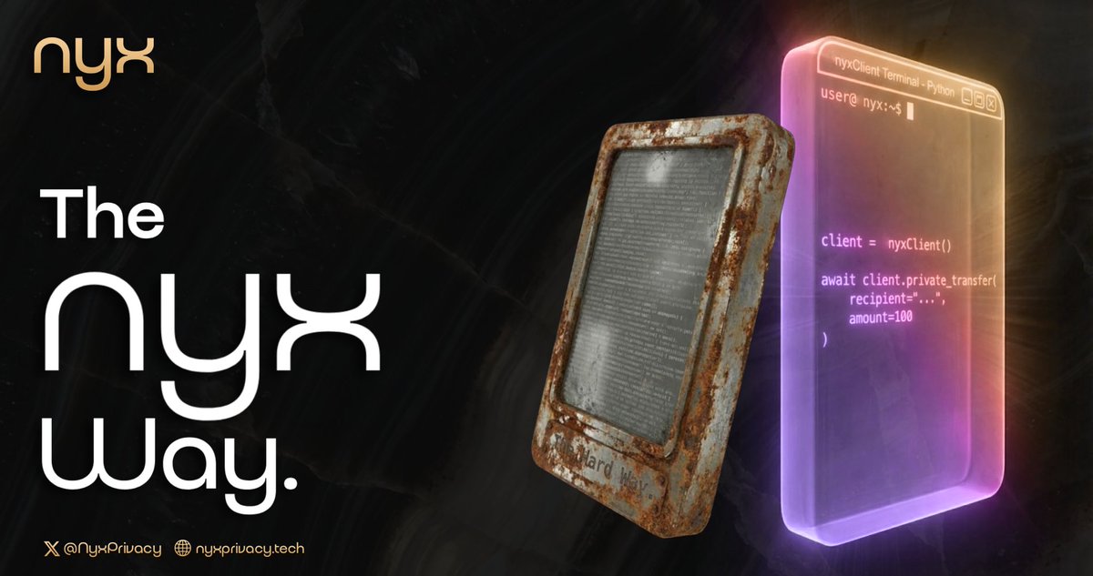 NyxPrivacy's tweet photo. Nyx abstracts 7,000+ R1CS constraints into an elegant Python SDK.

1. Async Native
2. Type-Safe
3. Zero-Knowledge

Build your first private payment agent in under 5 minutes. https://t.co/eIyzHNXRnv