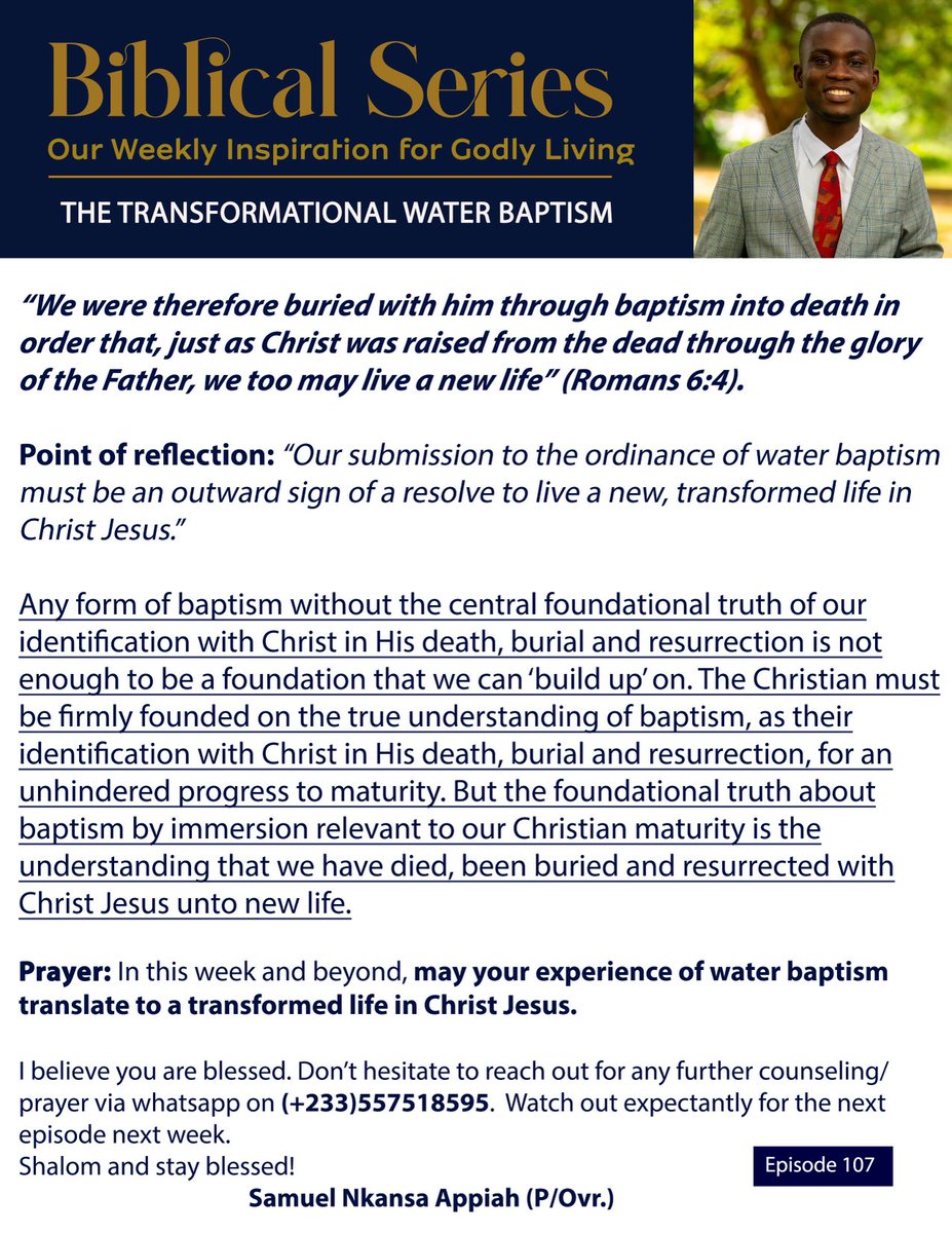 AppiahNkansa's tweet photo. New Episode Alert!!!

#Episode107
#TheTransformationalWaterBaptism
#BiblicalSeries
#PossessingTheNations
#IAmAnAgentOfTransformation
#GloryToJesus(GTJ) https://t.co/Mz3hZhLcFT