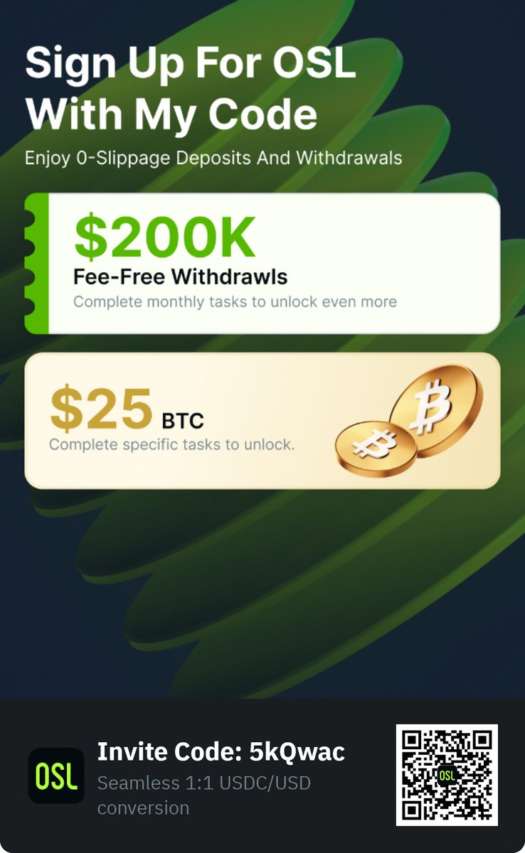 Join OSL and enjoy:
1️⃣ Multi-licensed and fully compliant, with seamless asset transfers
2️⃣ Enjoy daily fee-free fiat withdrawals and earn $25 in BTC on your first deposit!
Click the link to join the event：osl.com/globalEarlyBir…