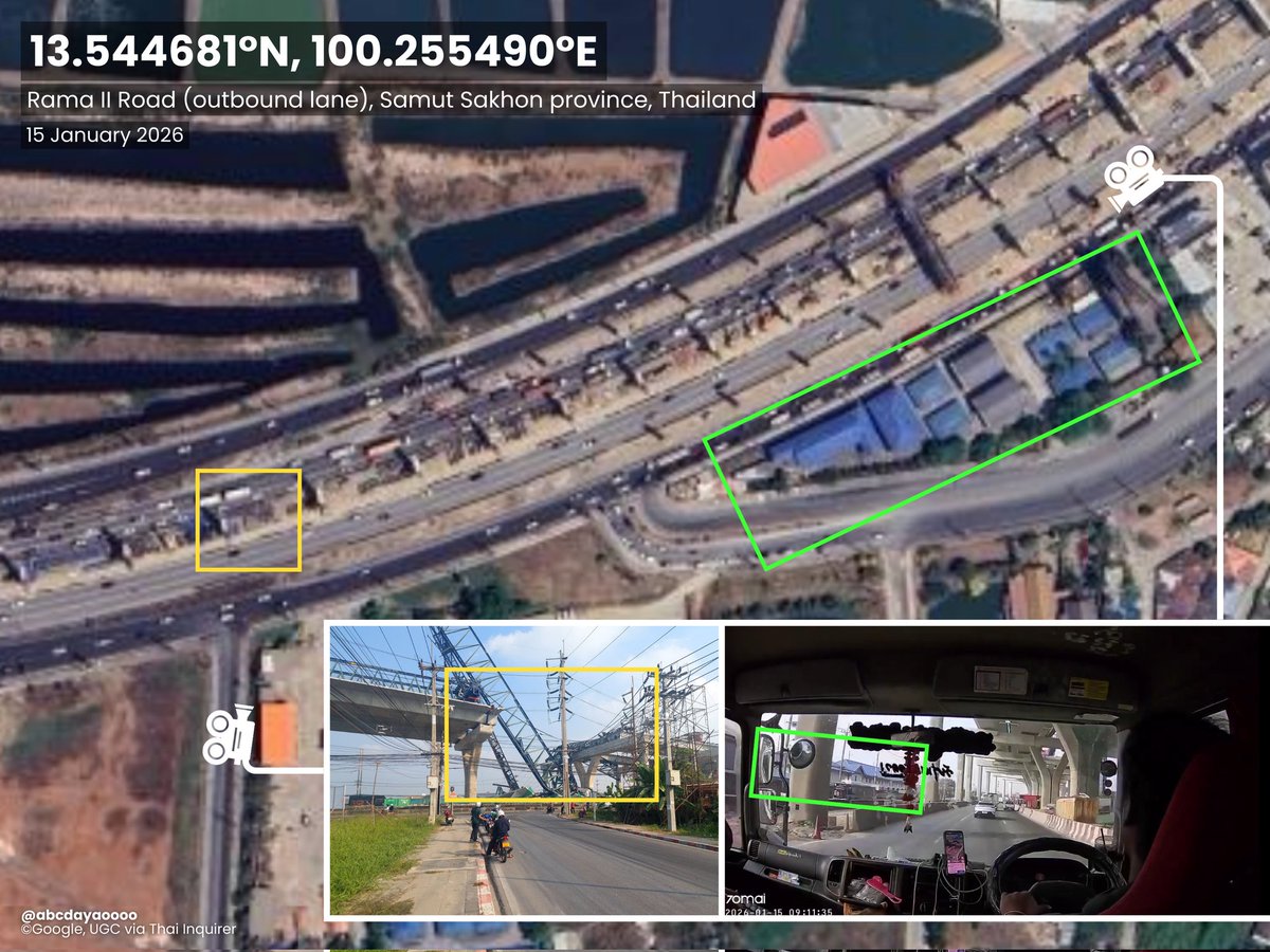 Construction crane collapses onto vehicles in Rama II Road (outbound lane), Samut Sakhon province, #Thailand on 15 January 2026, killing atleast two people.

📌 Geolocation: 13.544681, 100.255490

Thanks to <a href="/smoothpelican25/">SmoothPelican</a> for helping!