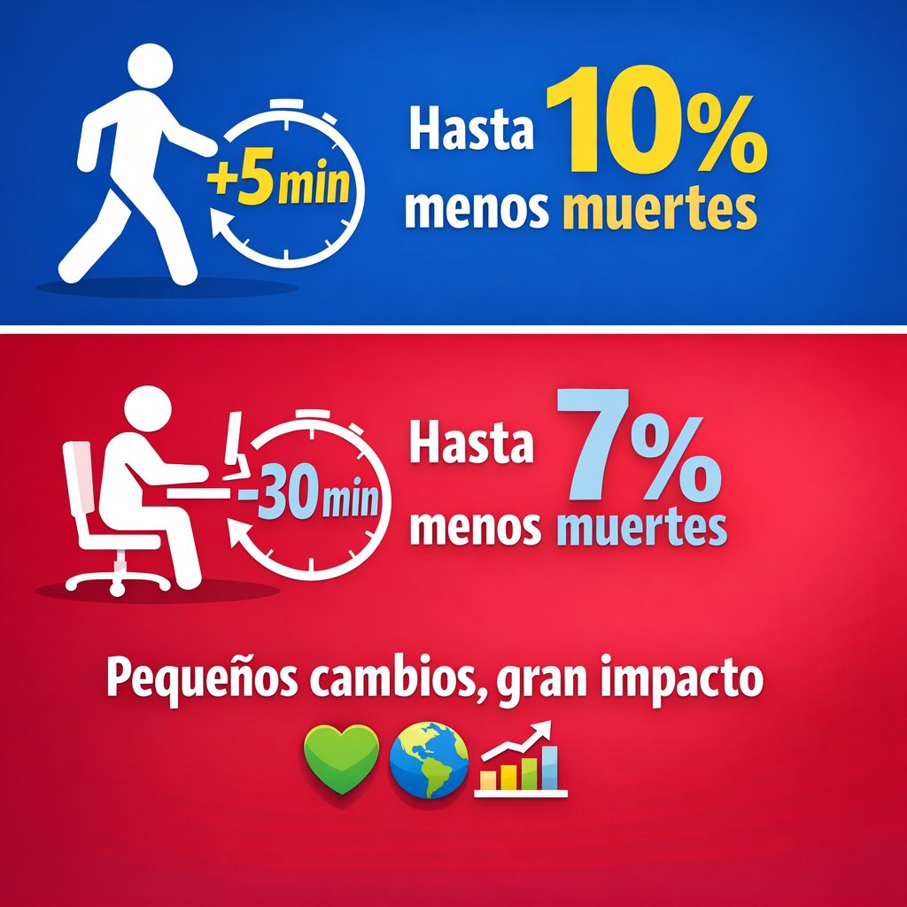 a_garciahermoso's tweet image. 🧠💪 ¿Y si solo 5 minutos más al día marcaran la diferencia?

📊 Nuevo estudio publicado en Lancet muestra que:

⏱️ +5 min/día de actividad física moderada-intensa 👉 hasta 10% menos muertes
🪑 −30 min/día sentados 👉 hasta 7% menos muertes

thelancet.com/journals/lance…