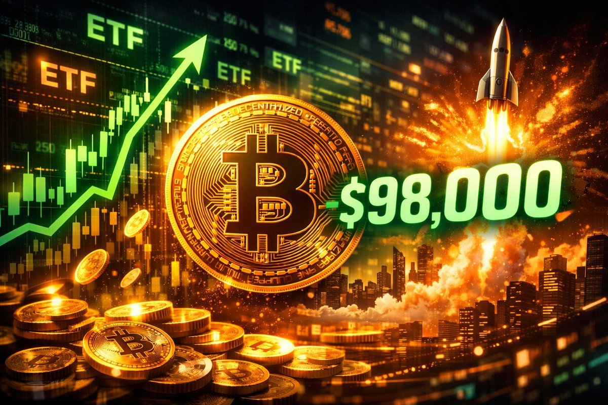 🚨 Bitcoin surges toward $98K as ETF demand explodes! $BTC pushes near  $98,000 after U.S. spot Bitcoin ETFs recorded their biggest daily inflows  in 3 months. 📊 $753.7M flowed in on Jan