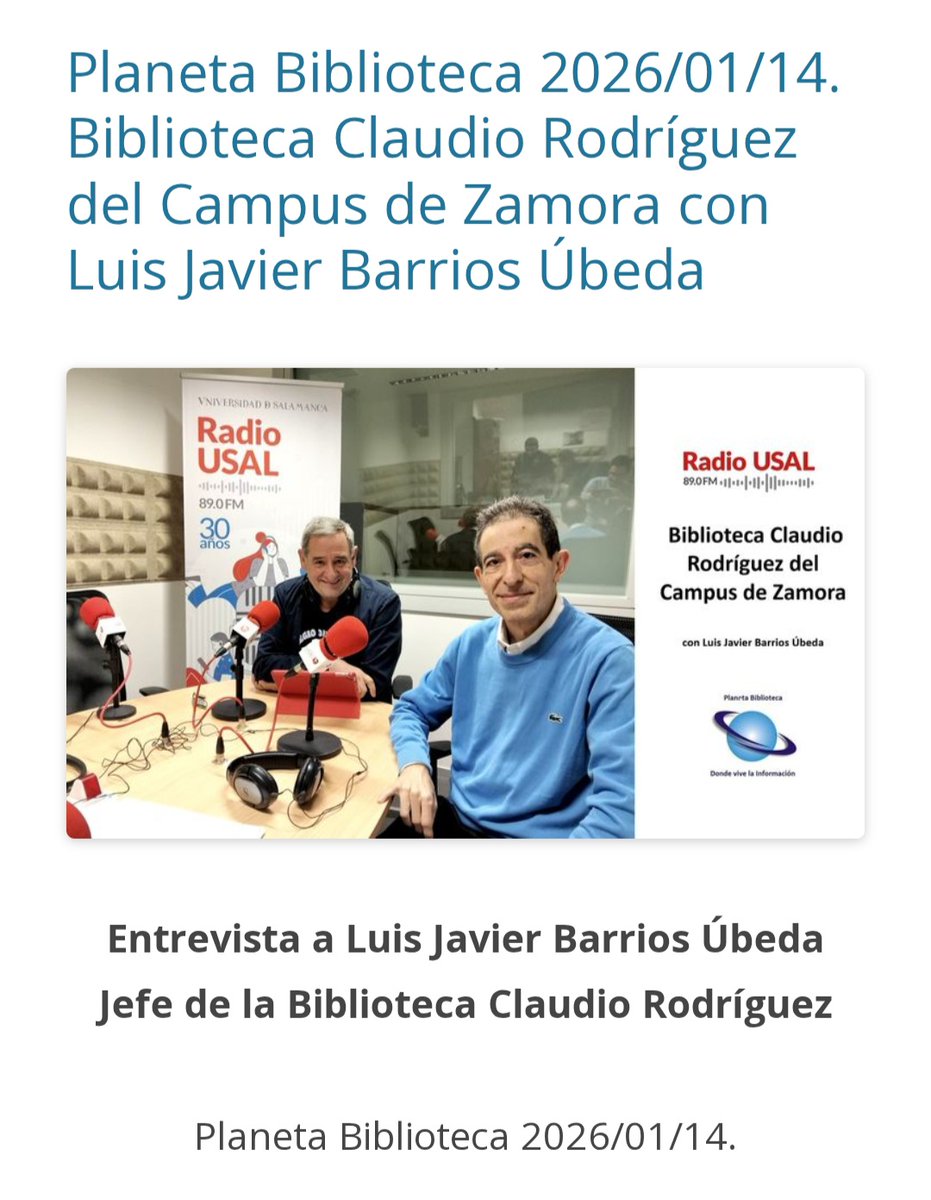 Ayer  Luis Javier Barrios Úbeda, director de la Biblioteca, ha sido entrevistado en el programa Planeta Biblioteca de Radio <a href="/usal/">Universidad de Salamanca</a> poniendo en valor el papel de las bibliotecas universitarias.
go.ivoox.com/rf/166739046
<a href="/usal/">Universidad de Salamanca</a> <a href="/EPSZ_USAL/">Escuela Politécnica Superior de Zamora</a> <a href="/MagisterioZA/">Facultad de Ciencias de la Educación</a> <a href="/bibliotecasusal/">Bibliotecas USAL</a>
<a href="/jalonsoarevalo/">Julio Alonso Arévalo</a>