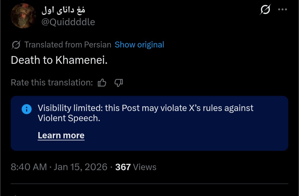 In the past few days, Khamenei has killed two of my first cousins and I don't get to wish him dead. He used machine guns against my kin and I cannot use my imagination, my words to picture a better world. 

#IranMassacre 
#DigitalBlackoutiran