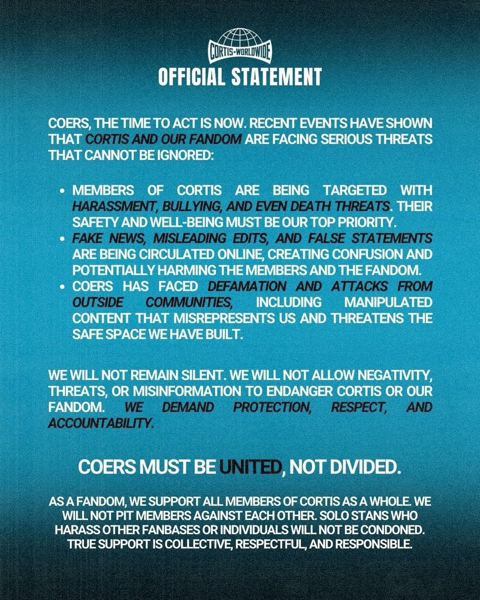 cortisconnect's tweet image. 🚨 ANNOUNCEMENT: PROTECT CORTIS🚨

COERS, this is critical. CORTIS members are being targeted with harassment, bullying, death threats, and fake news. Our fandom and the artists themselves are at risk. We must act NOW.

🛑 Zero tolerance for harassment or threats
⚠️ Do not spread…