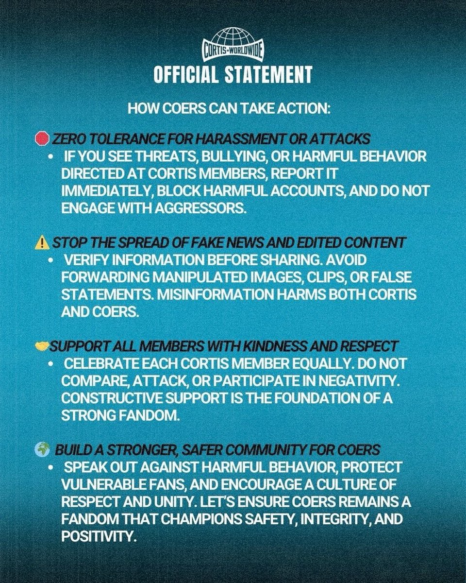 cortisconnect's tweet image. 🚨 ANNOUNCEMENT: PROTECT CORTIS🚨

COERS, this is critical. CORTIS members are being targeted with harassment, bullying, death threats, and fake news. Our fandom and the artists themselves are at risk. We must act NOW.

🛑 Zero tolerance for harassment or threats
⚠️ Do not spread…