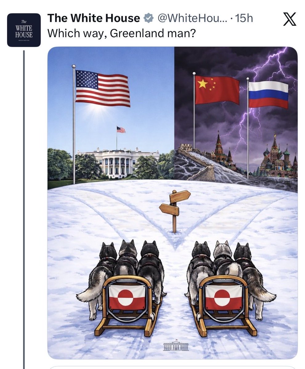 locuta's tweet image. Het Witte Huis twittert “Which way, Greenland man”. Critici zeggen dat dit verwijst naar het boek Which Way Western Man, een boek uit 1978 van William Gayley Simpson, een van Amerika’s bekendste nazi’s.