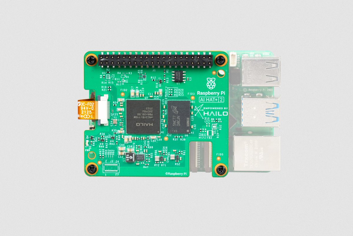 Raspberry_Pi's tweet image. Introducing the Raspberry Pi AI HAT+ 2, priced at $130. This add-on board for Raspberry Pi 5, powered by the Hailo-10H AI accelerator and 8GB of on-board RAM, is built to run LLMs and VLMs locally, without cloud or network dependencies.

The Raspberry Pi AI HAT+ 2 delivers 40…