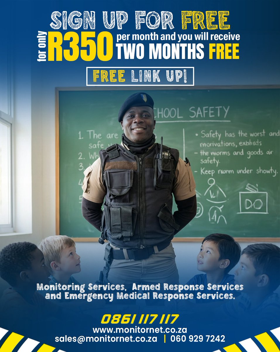 monitor_net's tweet image. 🎒📚 Back to School, Back to Safety – Centurion! 

Sign up with Monitor Net for just R350 p/m and enjoy:
✅ 2 Months FREE – Monitoring, Armed Response &amp;amp; Medical Emergencies
✅ FREE Link-Up

📧 sales@monitornet.co.za
📞 060 929 7242
🌐 monitornet.co.za/promo

T’s &amp;amp; C’s apply