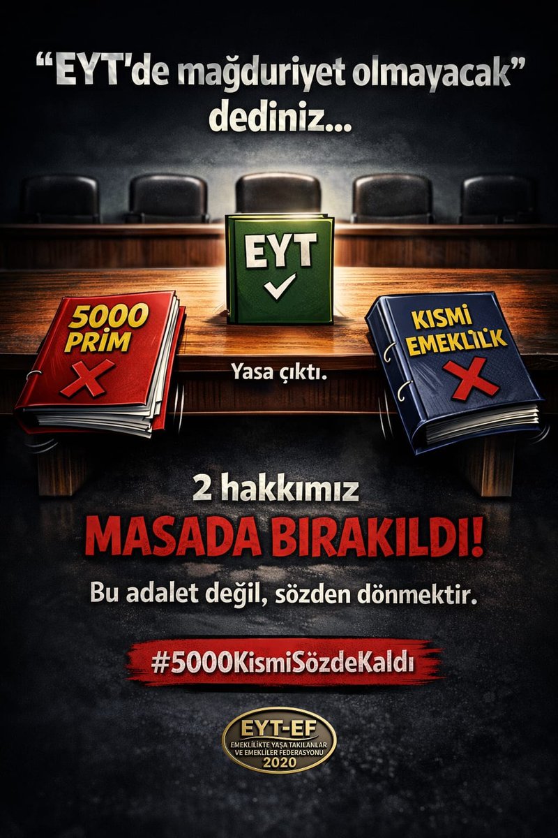 “EYT’de mağduriyet olmayacak” dediniz

Yasa çıktı
2 hakkımız masada bırakılarak yok sayıldı

Bu adalet değil, sözden dönmektir

5000 Prim ve Kısmi Emeklilik HAKTIR !

Gasp edilemez !

#5000KısmiSözdeKaldı
#EmekliKökMaaşlarına35BinSeyyanen
<a href="/RTErdogan/">Recep Tayyip Erdoğan</a> <a href="/isikhanvedat/">Prof. Dr. Vedat Işıkhan</a> 
Fatih Ürek