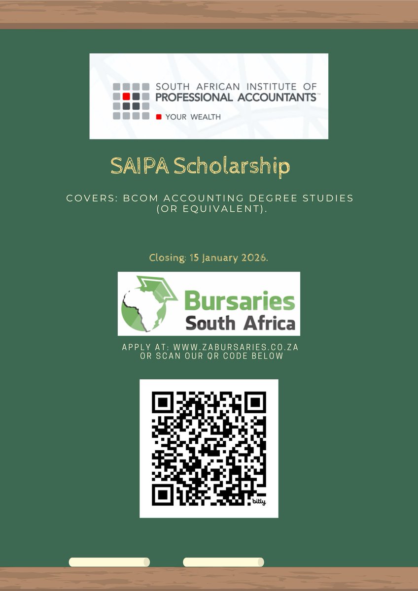 LAST DAY to apply for the SAIPA Scholarship! APPLY HERE: bit.ly/SAIPAscholarsh…

Covers: BCom Accounting degree studies (or equivalent).

#bursary #bursaries #SABursaries #ZABursaries #BursariesSouthAfrica #2026Bursary