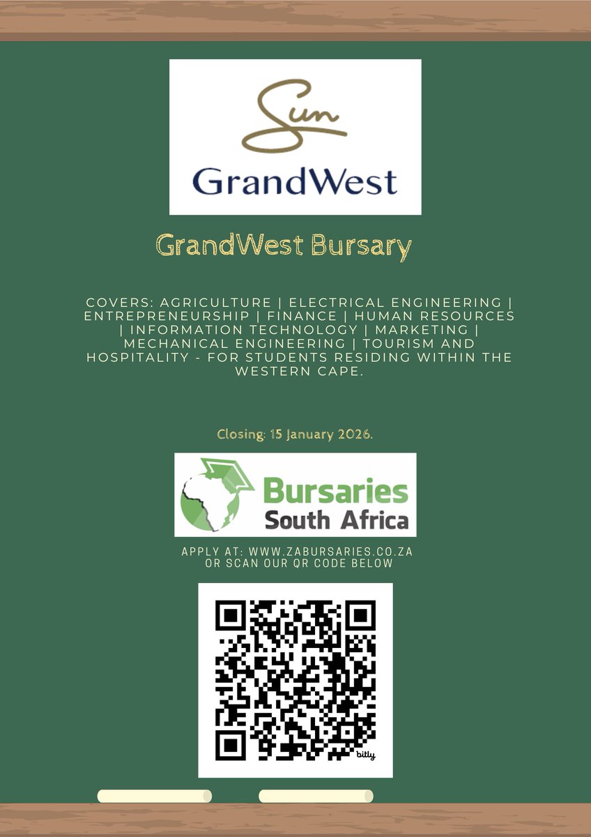 LAST DAY to apply for the GrandWest Bursary! APPLY HERE: bit.ly/GrandWestBursa…

Covers: selected fields - for students residing within the Western Cape.

#bursary #bursaries #SABursaries #ZABursaries #BursariesSouthAfrica #2026Bursary